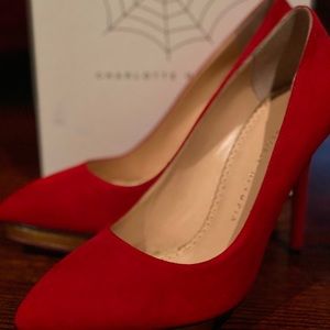 Charlotte Olympia Shoes  Red Suede Platform Pump size 38 American Size 8